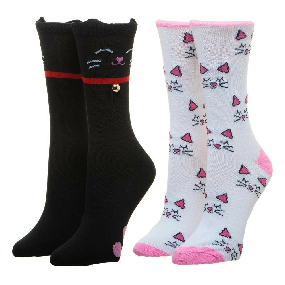 2 Pairs Crew Socks Black Cat Kittens Set Women's 3D Ears White Pink Kitty Faces